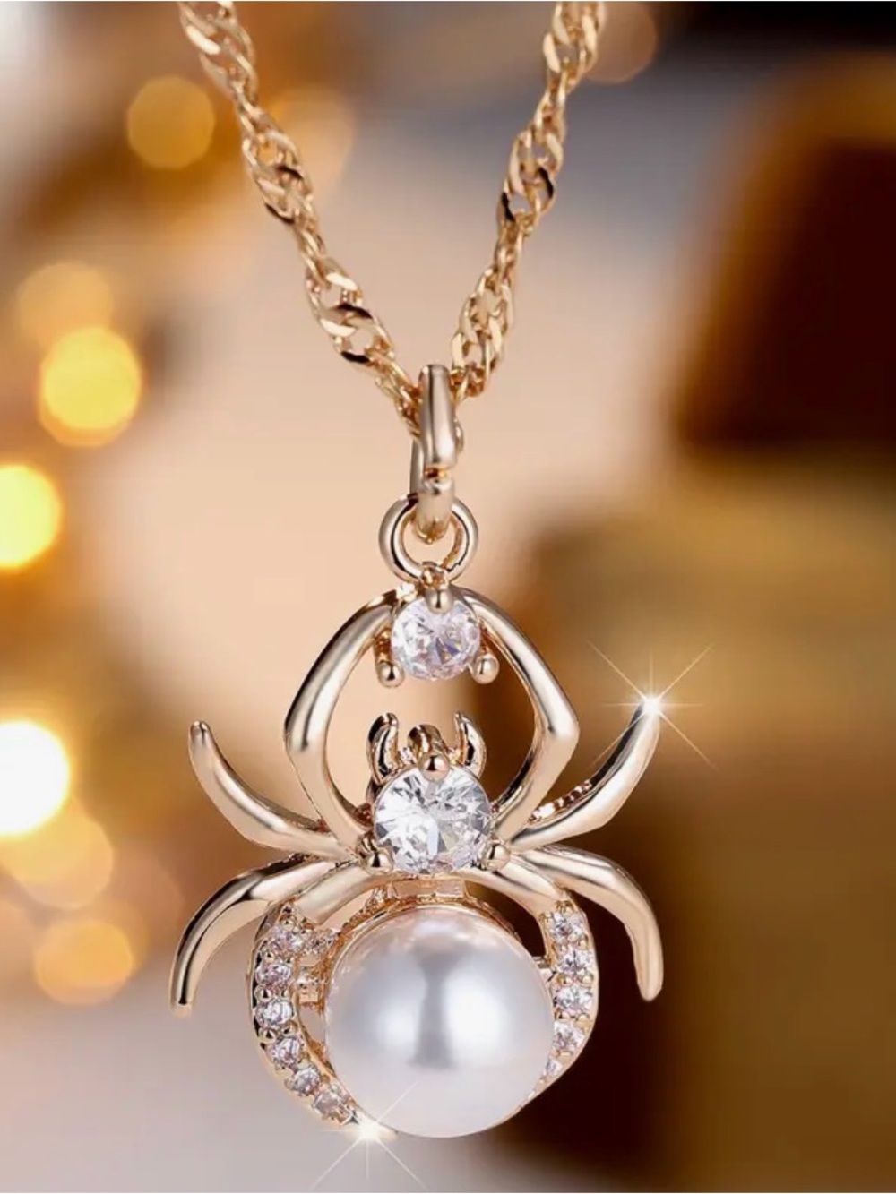 Gold-Tone Pearl & Crystal Spider Pendant Necklace - Elegant Women's Jewelry